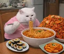 김치와 라면 시식중인 고양이 (AI)
