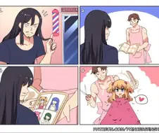 장발의 남자가 미용실에서 커트하는 만화