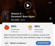 MCU)로튼 토마토, 팝콘 지수 미쳐버린 데어데블 본 어게인 시즌2 1화