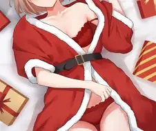 @) 산타복 입고 누워서 미묘한 표정을 짓는 아사히.manga