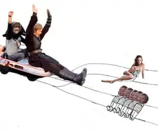 Q: 제동장치가 만화진 기차가 선로 위를 달리고 있다.