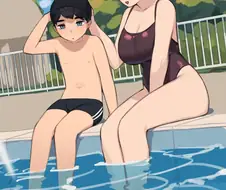 아들에게 수영가르치는 다정한 엄마