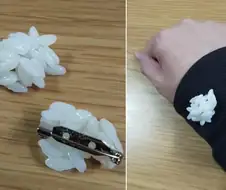 "옷에 밥풀 묻었어"